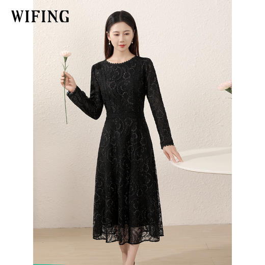未风黑色蕾丝连衣裙女2024秋季新款女装气质名媛高腰显瘦减龄裙子 商品图1