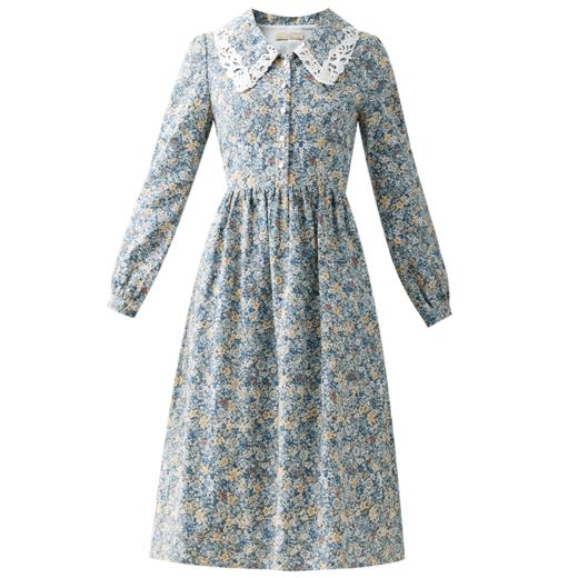 勿忘花纯棉碎花复古娃娃领连衣裙女2025春季新款小个子裙子 商品图4