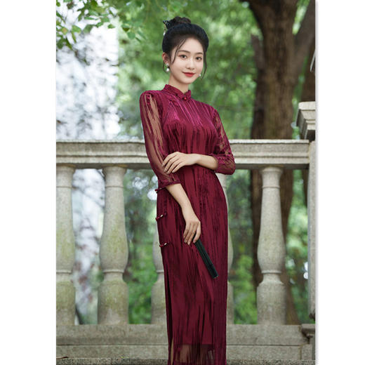 中国风植绒弹力，提花长款复古旗袍GX-281915 商品图0