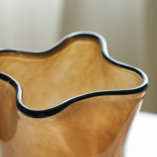 中古风黑边创意褶皱手工大口咖色瓷粉琉璃花瓶玄关居家台面样板房 商品图11