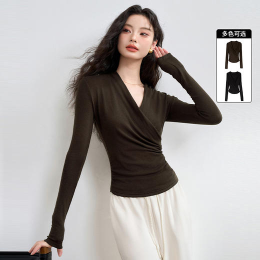 西遇设计感通勤风优雅交叉长袖T恤女高级感修身打底衫V0043126 商品图0