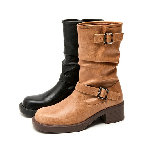 西遇复古短靴女新款秋冬美拉德粗跟中筒骑士靴西部牛仔堆堆靴D3547562 商品图4