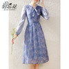 勿忘花蓝色天丝碎花连衣裙女2024秋季新款拼接蝴蝶结高腰显瘦裙子 商品缩略图2