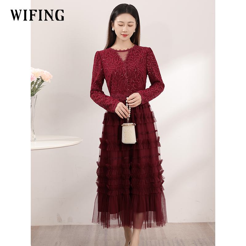 红色蕾丝网纱连衣裙女春季新款女装气质超好看显瘦裙子