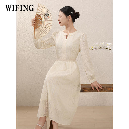 未风杏色天丝连衣裙2024早秋新款长裙新中式女装长袖气质减龄裙子 商品图3