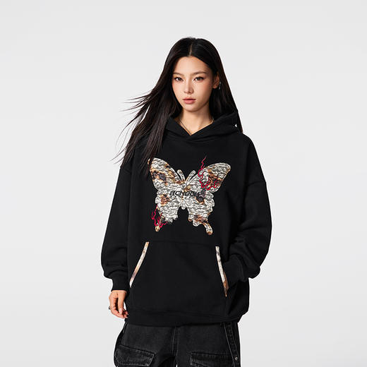 【Achock官方店】蝴蝶烧花蕾丝贴布刺绣连帽卫衣美式潮牌帽衫卫衣 商品图2
