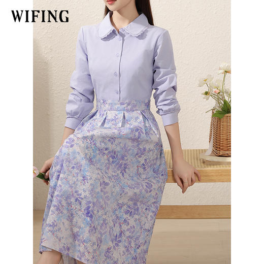 未风紫色纯棉碎花连衣裙春季新款法式淑女高腰显瘦减龄裙子 商品图1