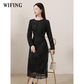 未风黑色蕾丝连衣裙女2024秋季新款女装气质名媛高腰显瘦减龄裙子