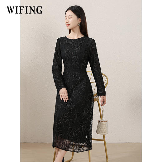 未风黑色蕾丝连衣裙女2024秋季新款女装气质名媛高腰显瘦减龄裙子 商品图0