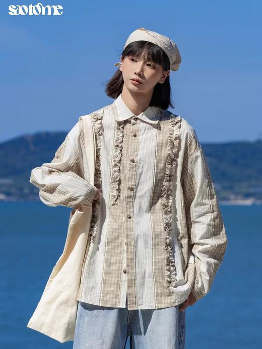 早乙女惠子saotome/STMCS243157/不规则条格木耳边长袖衬衫 商品图0