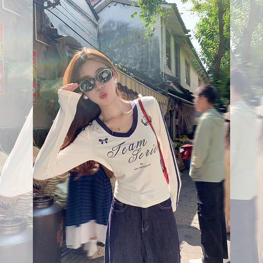 <曾小咸推荐>甜酷辣妹美式撞色V领修身长袖T恤【预售款，预计3-15天发货】 商品图0