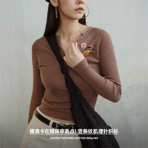 马登竖条纹肌理针织长袖亨利衫弹力修身日常百搭T恤纯色打底衫春秋女 商品图1