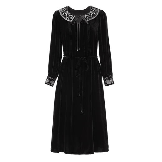 QS-82498308秋冬新款重工刺绣云肩真丝丝绒连衣裙女桑蚕丝修身长袖小黑裙8308 商品图4