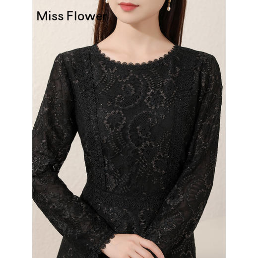 勿忘花蕾丝连身裙正式场合气质裙子2024秋新款女装长袖黑色连衣裙 商品图3