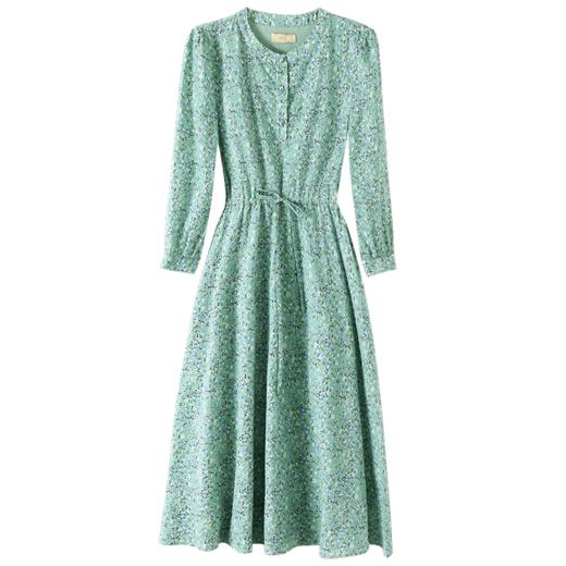 勿忘花绿色纯棉碎花遮肚子减龄连衣裙女2024秋季新款收腰显瘦裙子 商品图4