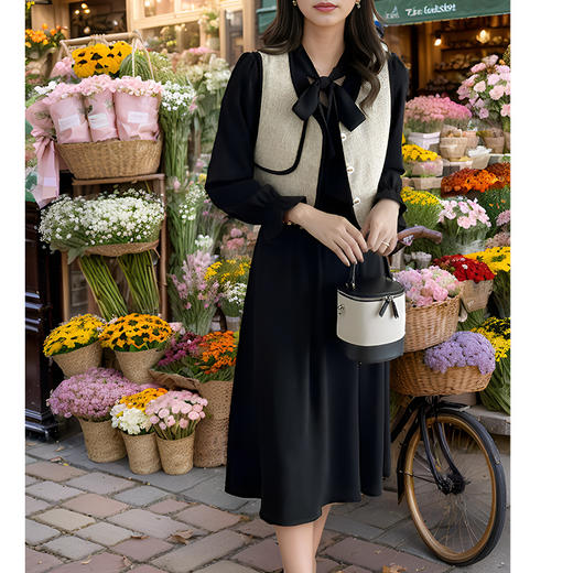 9/9奢姿大码女装2024秋季蝴蝶结绑带V领假两件裙子胖妹妹时尚连衣裙9943891324 商品图3