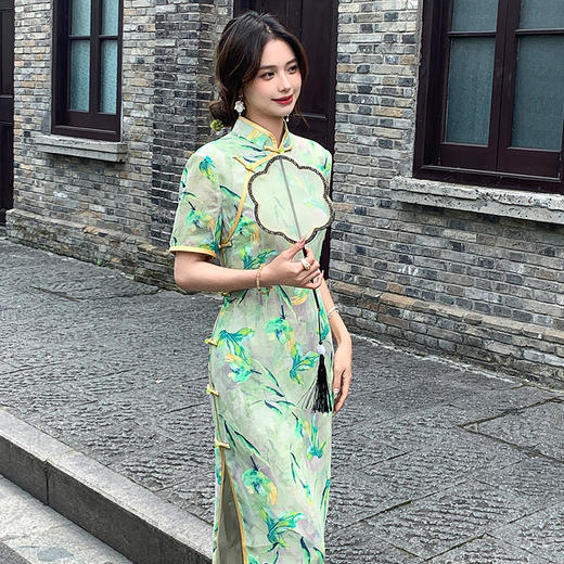 OY-24263中国风气质旗袍夏季2024新款年轻款雪纺印花日常改良连衣裙24263 商品图1
