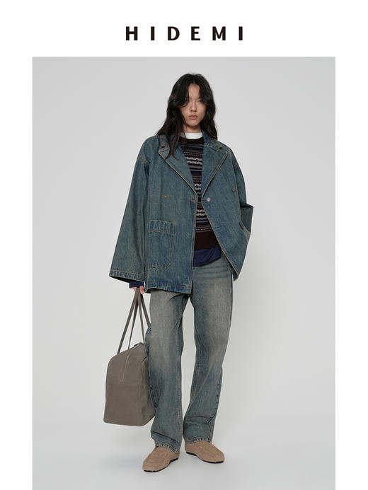 HIDEMI 多重水洗做旧感极简大廓形翻领口袋式纽扣西装大衣外套 商品图2