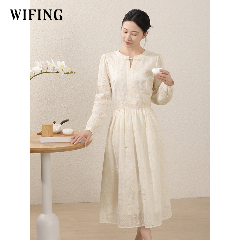 未风杏色天丝连衣裙2024早秋新款长裙新中式女装长袖气质减龄裙子