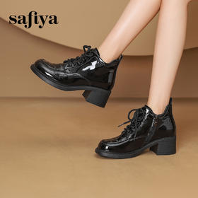 Safiya/索菲娅2024 英伦风圆头漆皮亮面时尚百搭系带粗跟踝靴马丁靴 SF43112047