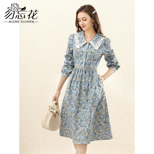 勿忘花纯棉碎花复古娃娃领连衣裙女2025春季新款小个子裙子 商品图3
