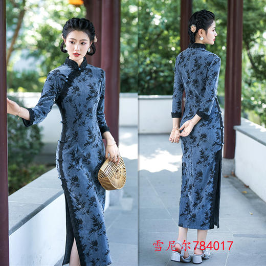 GX军阀阔太太长款雪尼尔七分袖旗袍2024秋季新款复古国风旗袍连衣裙 商品图1