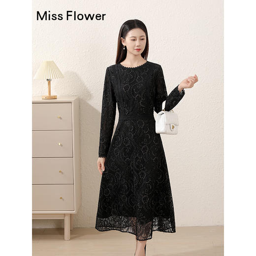 勿忘花蕾丝连身裙正式场合气质裙子2024秋新款女装长袖黑色连衣裙 商品图0