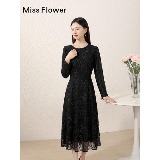 勿忘花蕾丝连身裙正式场合气质裙子2024秋新款女装长袖黑色连衣裙 商品图1
