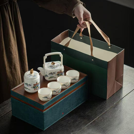 【经典】四方提梁羊脂玉瓷茶具（一罐一壶四杯） 商品图1