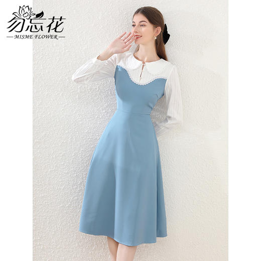 勿忘花蓝色减龄娃娃领连衣裙女2025春装新款拼接假两件通勤长裙子 商品图0