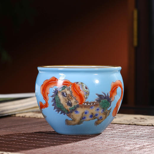 湖水蓝地古彩描金事事如意纹缸杯 商品图1