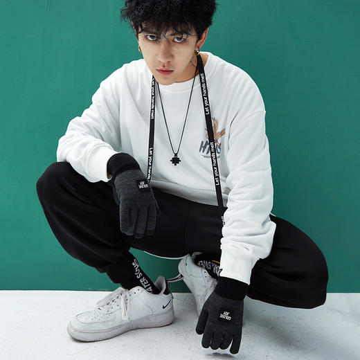 新款毛线针织手套男秋冬季保暖触屏挂绳加绒加厚韩版户外骑行手套 商品图0