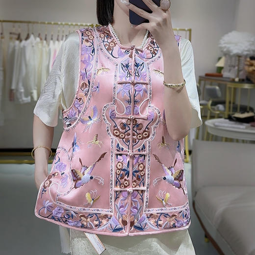 KDS-2526新中式醋酸马甲2024年秋季新款高档女装无袖刺绣盘扣上衣 商品图0