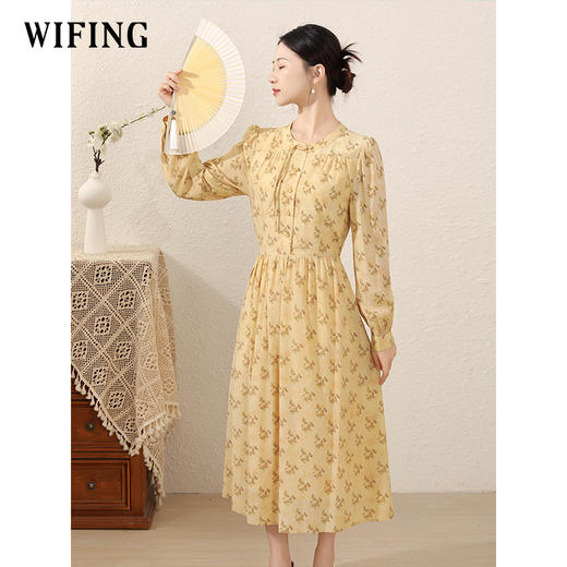 未风黄色碎花连衣裙女2024新款女装气质新中式*绝美显瘦小裙子 商品图0