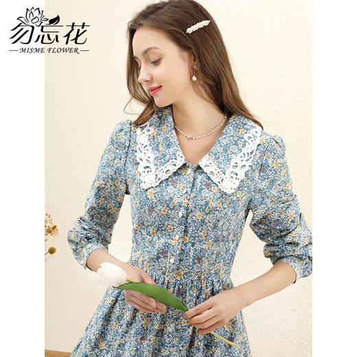 勿忘花纯棉碎花复古娃娃领连衣裙女2025春季新款小个子裙子 商品图1