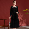 QS-82498308秋冬新款重工刺绣云肩真丝丝绒连衣裙女桑蚕丝修身长袖小黑裙8308 商品缩略图2