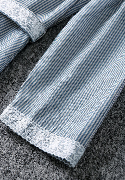 勿忘花蓝色镂空翻领条纹气质连衣裙2025女装秋季新款修身显瘦裙子 商品图3