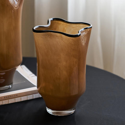 中古风黑边创意褶皱手工大口咖色瓷粉琉璃花瓶玄关居家台面样板房 商品图2