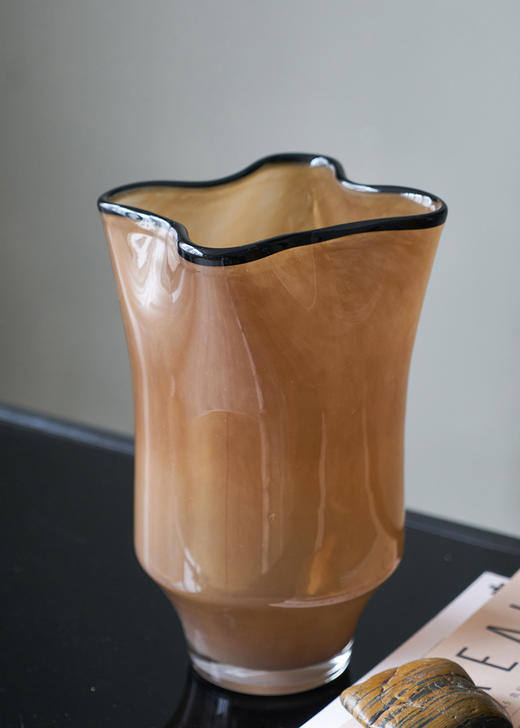 中古风黑边创意褶皱手工大口咖色瓷粉琉璃花瓶玄关居家台面样板房 商品图8