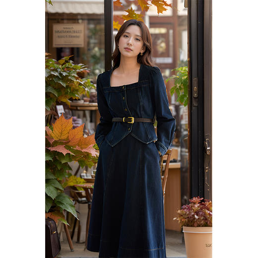 9/10奢姿大码女装2024秋季气质方领牛仔两件套胖妹妹系带设计时尚套装9943834075 商品图0