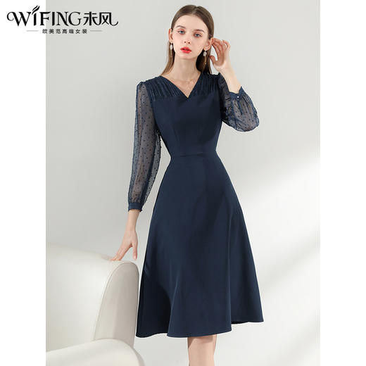 未风蓝色V领连衣裙女秋2025年春季新款女装气质显瘦长袖减龄裙子 商品图2