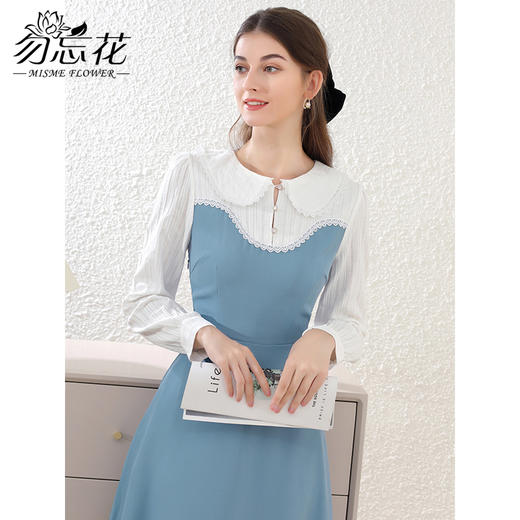 勿忘花蓝色减龄娃娃领连衣裙女2025春装新款拼接假两件通勤长裙子 商品图2