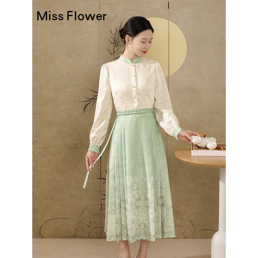 绿色新中式马面裙春季国风连衣裙绝美小裙子 商品图1