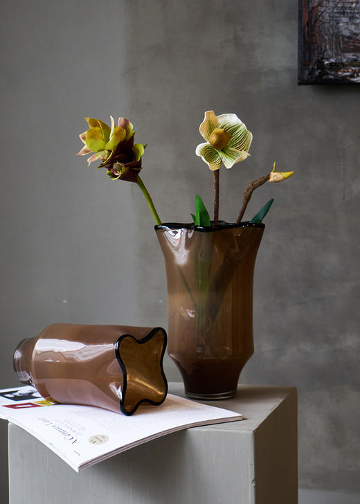 中古风黑边创意褶皱手工大口咖色瓷粉琉璃花瓶玄关居家台面样板房 商品图4