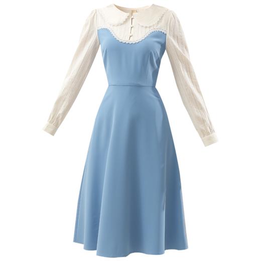 勿忘花蓝色减龄娃娃领连衣裙女2025春装新款拼接假两件通勤长裙子 商品图4