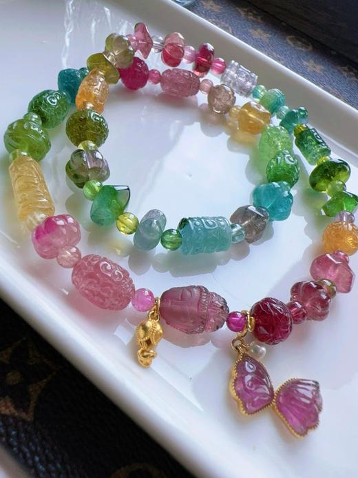 7.7mm 28.6g雕刻碧玺多宝双圈手链 商品图7