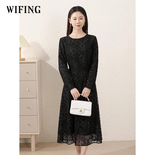 未风黑色蕾丝连衣裙女2024秋季新款女装气质名媛高腰显瘦减龄裙子 商品图2