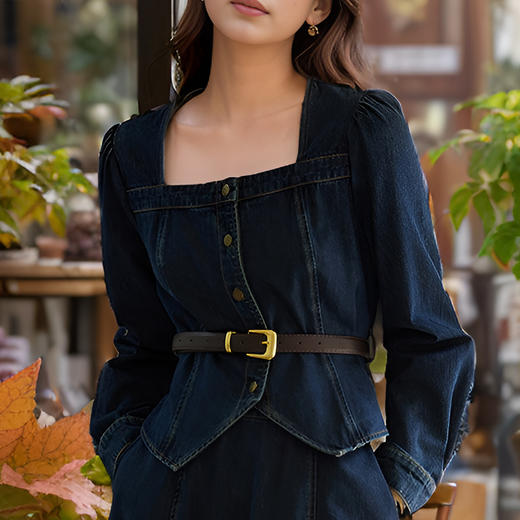 9/10奢姿大码女装2024秋季气质方领牛仔两件套胖妹妹系带设计时尚套装9943834075 商品图3