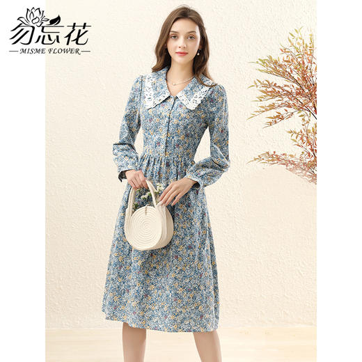 勿忘花纯棉碎花复古娃娃领连衣裙女2025春季新款小个子裙子 商品图2