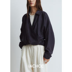 棉仓3561504003-秋季不规则交叉门襟亚麻长袖衬衫  宽松设计感法式白衬衫(货号:3561504003)